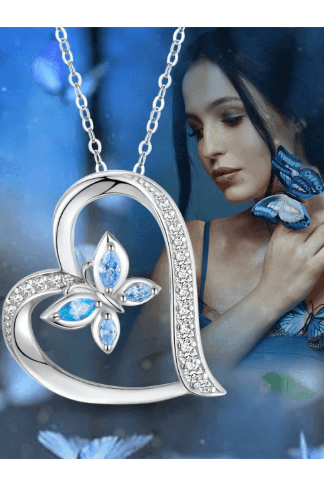 Colier fluture albastru, argint cu pietre, Blue Butterfly, Efyra