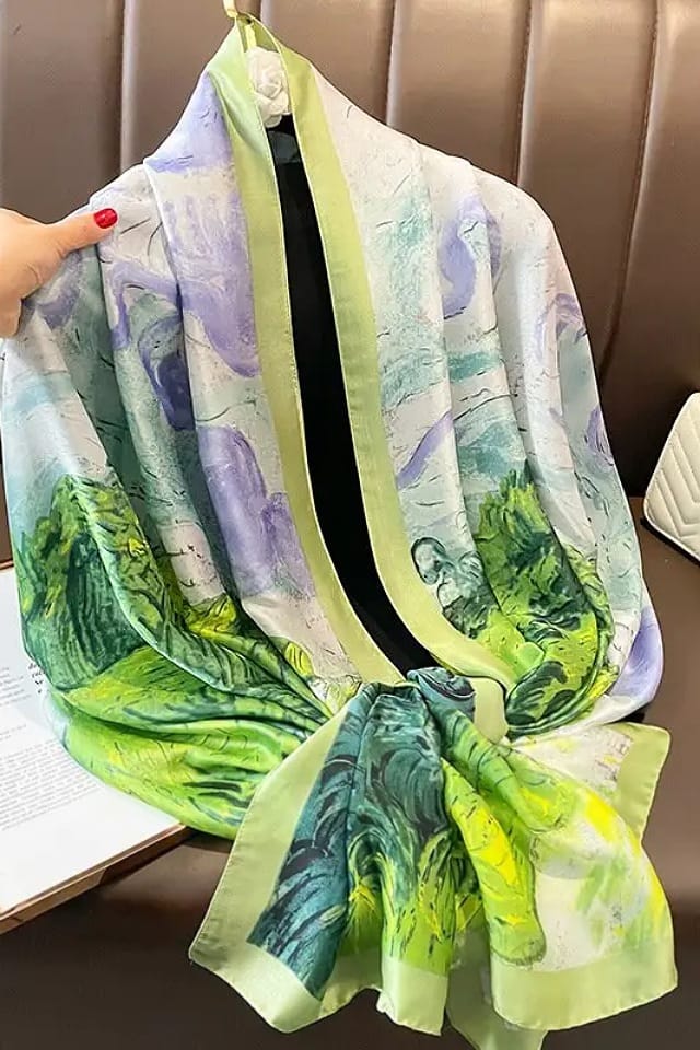 Esarfa matase femei mare, colorata verde si albastru, Efyra